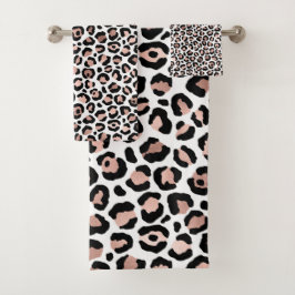 Conjunto De Toalhas Rosa Dourado e Estampa de Leopardo Preto