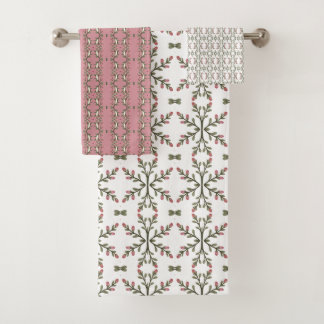 Conjunto De Toalhas Rosa Dusty Com Padrão Verde E Branco