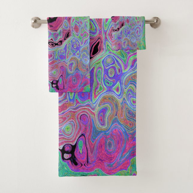 Conjunto De Toalhas Rosa e Verde Lima Abstrato Retro Groovy Redemoinho (Insitu)