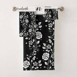 Conjunto De Toalhas Rosa Floral Preto E Branco - Nome Impressão