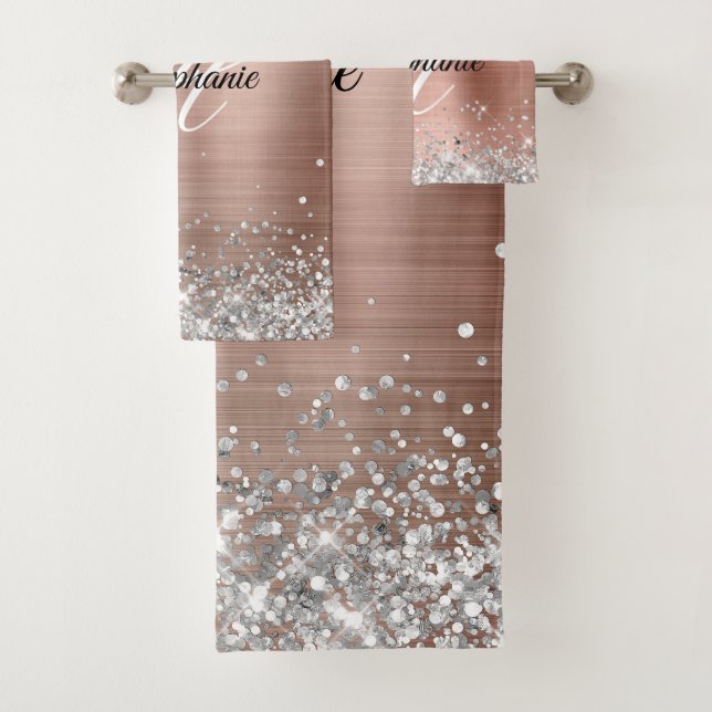 Conjunto De Toalhas Rosa Glitter Prata Dourado Foil Monograma Chique (Insitu)