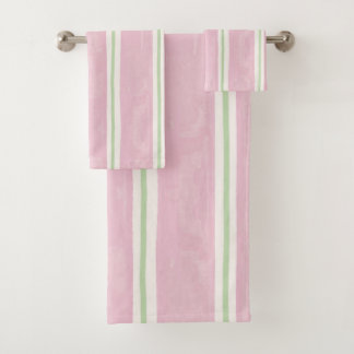 Conjunto De Toalhas Rosa Préppy e Verde Sálvia em Listras Aquarela