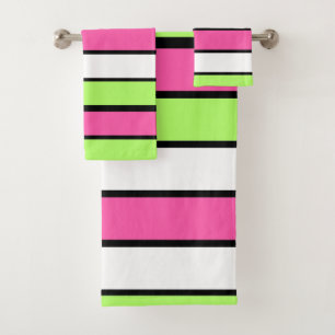 Conjunto De Toalhas Rosa quente, verde limão, listras preto e branco