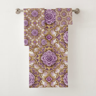 Conjunto De Toalhas Rosa Roxo & Dourado Floral Vintage Elegante Barroc