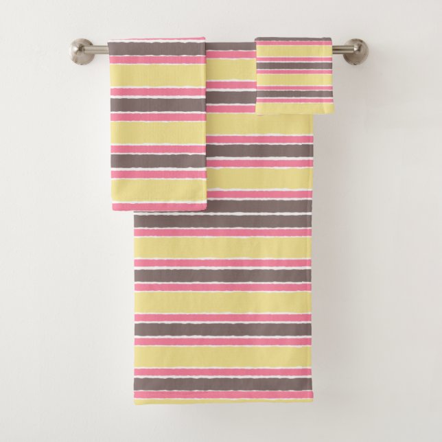 Conjunto De Toalhas Rosas Chiclete Amarelo Pipoca Marrom Listras (Insitu)