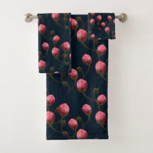 Conjunto De Toalhas Rosas cor-de-água rosa com bordos em azul escuro