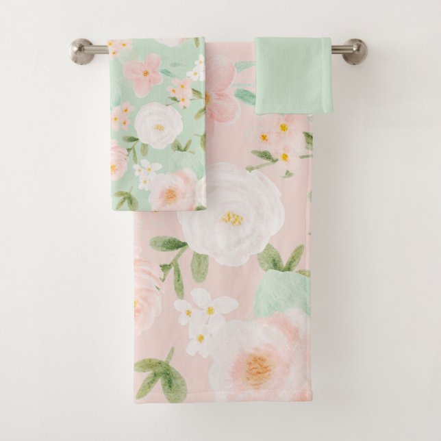 Conjunto De Toalhas Rosas de aquarela Flores a Rosa e Pêssego (Insitu)