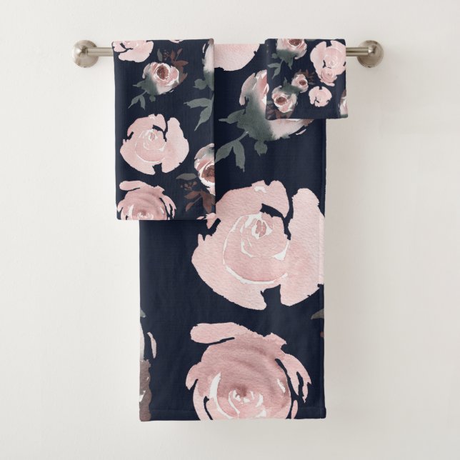 Conjunto De Toalhas Rosas de Aquarela Rosa Flores Azul Marinho Escuro (Insitu)