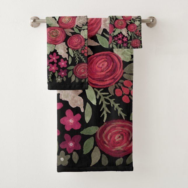 Conjunto De Toalhas Rosas de aquarela sobre fundo preto, aquarela (Insitu)