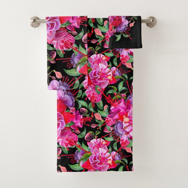 Conjunto De Toalhas Rosas e Preto Flores de Fuchsia em Aquarela (Insitu)