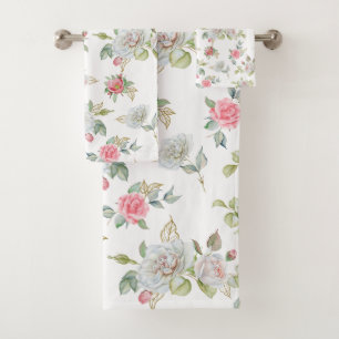 Conjunto De Toalhas Rosas Elegantes com Folhas Douradas Gravadas