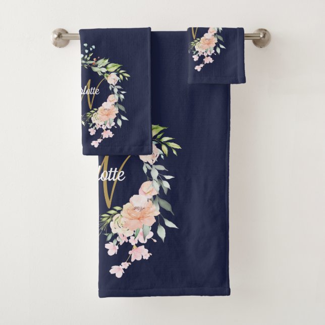 Conjunto De Toalhas Rosas Monogramas Dourados Marinho Floral Azul (Insitu)