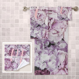 Conjunto De Toalhas Rosas Peônia Monograma Floral Rosa Script