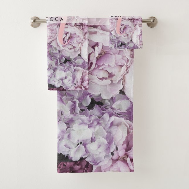 Conjunto De Toalhas Rosas Peônia Monograma Floral Rosa Script (Insitu)