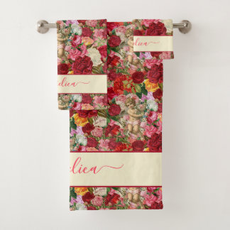 Conjunto De Toalhas Rosas Retro e Padrão Chintzy Vintage Cherub