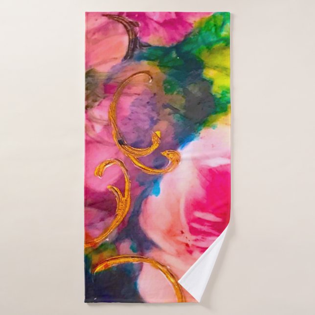 Conjunto De Toalhas Rosas Rosa Arte Dourada Floral Nouveau Towel (Toalha de Banho)