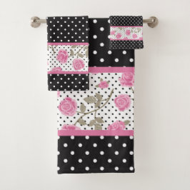 Conjunto De Toalhas Rosas rosa e Bolinhas brancas e pretas