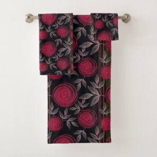 Conjunto De Toalhas Rosas vermelhas a preto.