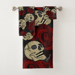Conjunto De Toalhas Rosas Vermelhas & Caveiras Cinza Floral Gótico Pre