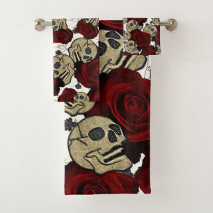 Conjunto De Toalhas Rosas Vermelhas & Caveiras Floral Preto Gótico Bra