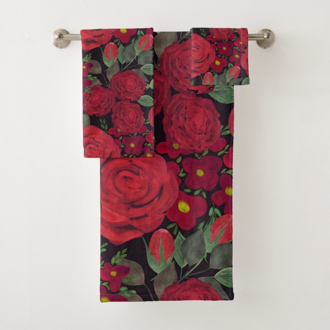 Conjunto De Toalhas Rosas vermelhas de aquarelas a preto, (Insitu)