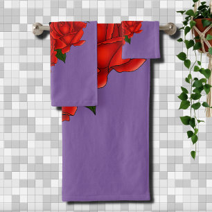 Conjunto De Toalhas Rosas vermelhas de Gato Negro Roxo