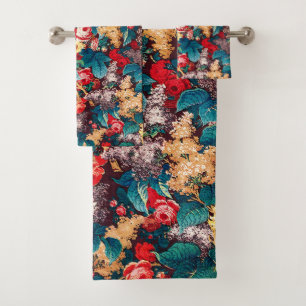 Conjunto De Toalhas Rosas vermelhas de vindima e padrão floral lilás