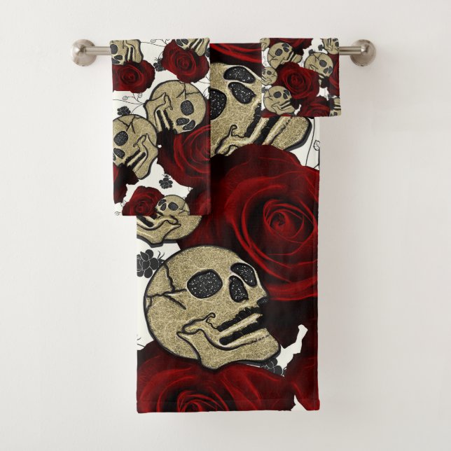 Conjunto De Toalhas Rosas Vermelhas e Caveiras Floral Preto Gótico Bra (Insitu)
