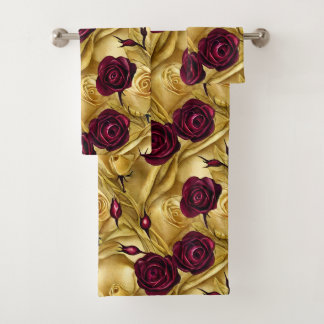 Conjunto De Toalhas Rosas Vermelhas e Douradas