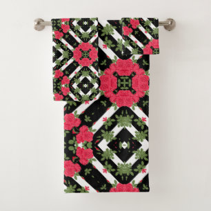 Conjunto De Toalhas Rosas vermelhas flores brancas caleidoscópicas fl