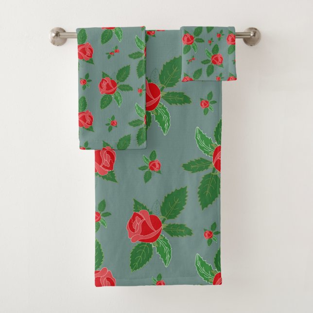 Conjunto De Toalhas Rosas vermelhas Românticas Padrão Floral Verde Dei (Insitu)