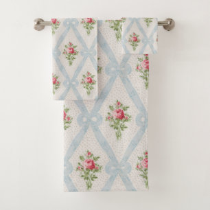 Conjunto De Toalhas Rosas Vitorianas Rosa com Fita Azul