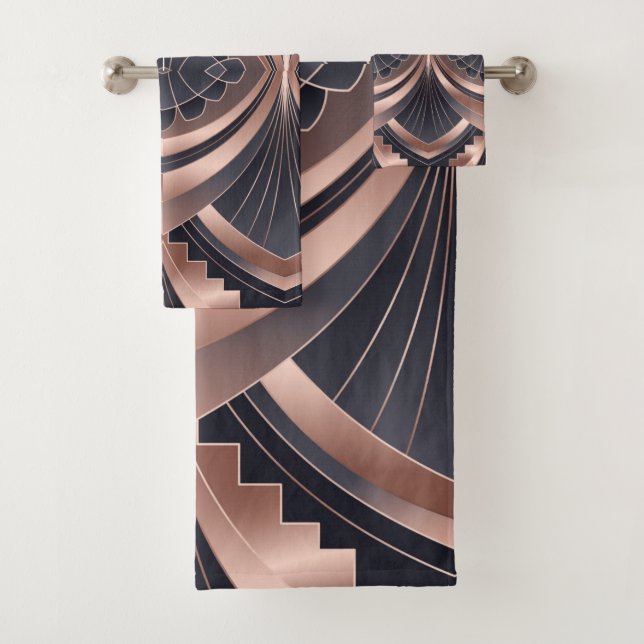 Conjunto De Toalhas Rose Gold Navy Geometric Neo Art Deco (Insitu)