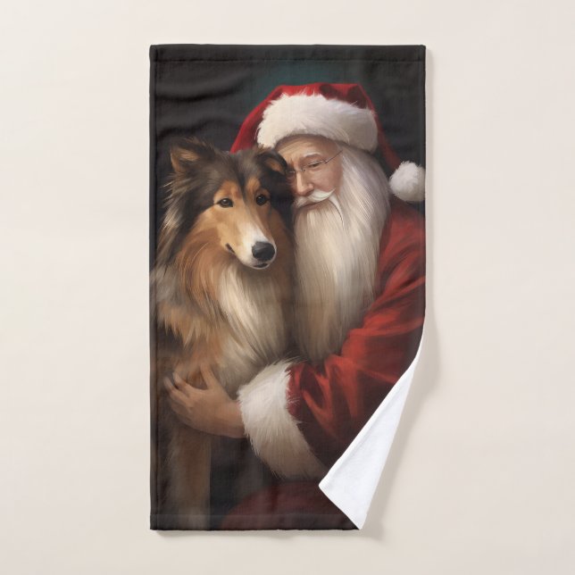 Conjunto De Toalhas Rough Collie com Papai Noel Natal Festivo (Toalha de mão)