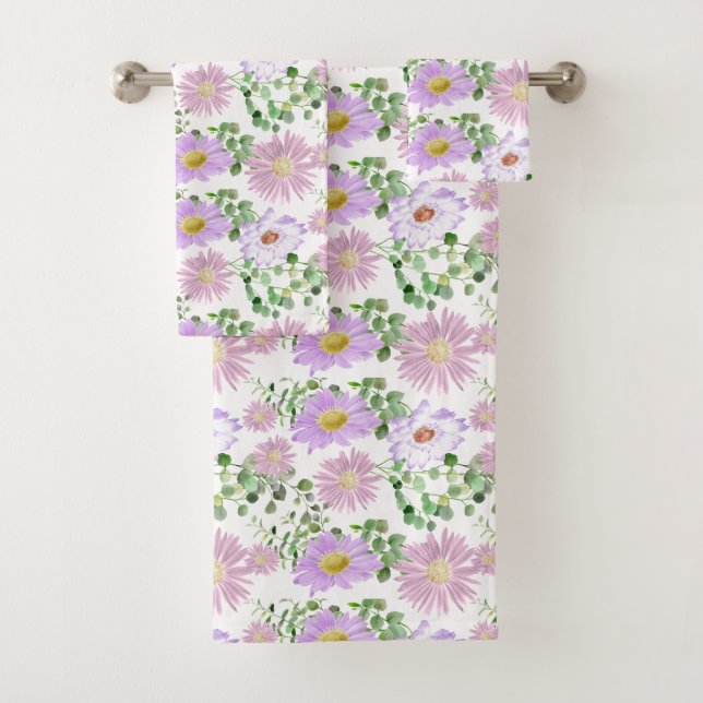 Conjunto De Toalhas Roxo Floral Branco Eucalipto Verde Elegante  (Insitu)