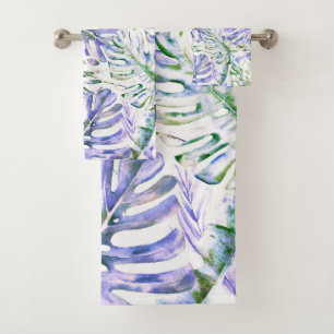Conjunto De Toalhas Roxo Ilha Lilás Folhas de Palmeira Tropical Verão