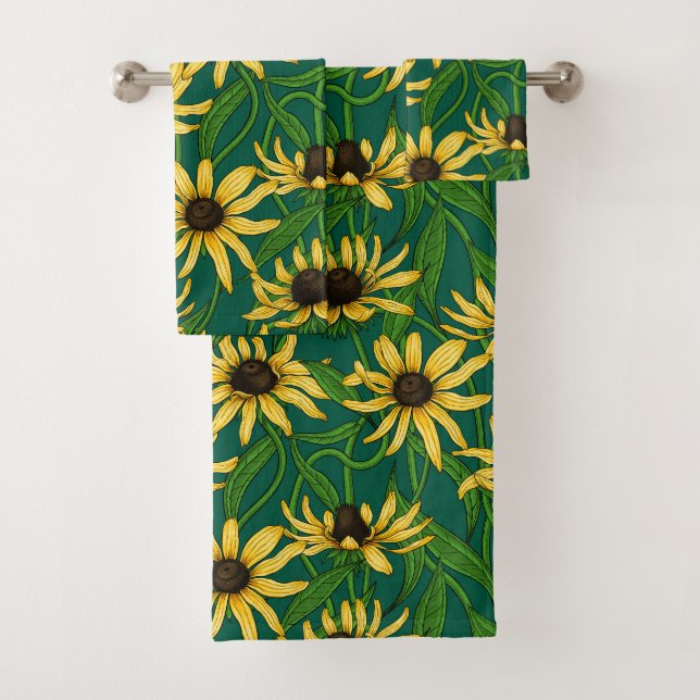 Conjunto De Toalhas Rudbekia amarela em verde escuro (Insitu)