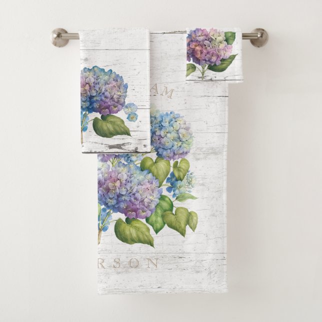Conjunto De Toalhas Russo Blue Hydrangea Blooms Nomes de Madeira Monog (Insitu)