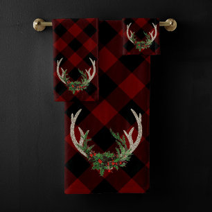 Conjunto De Toalhas Rustic Boho Deer Antlers   Xadrez de Natal Floral
