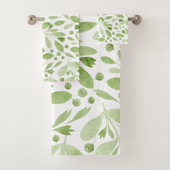 Conjunto De Toalhas  Rustic Watercolor Leaves Sage Green &White (Insitu)