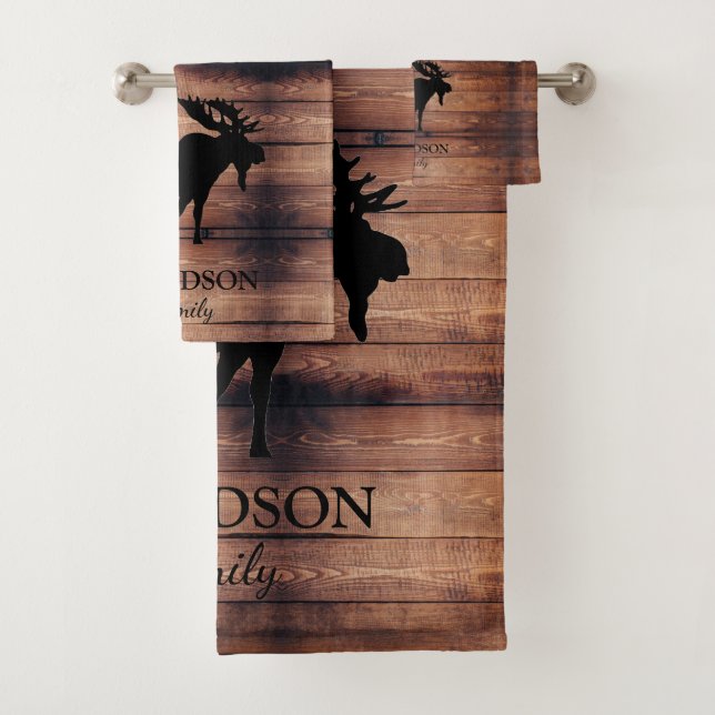 Conjunto De Toalhas Rustic Wood Family Name Moose (Insitu)