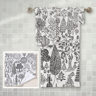 Conjunto De Toalhas Rústico Boho Preto e Branco Padrão de Árvore