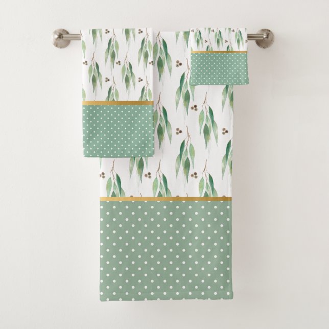 CONJUNTO DE TOALHAS SAGE EUCALYPTUS VERDE SPOT DOURADO BANTHROOM TOWEL (Insitu)