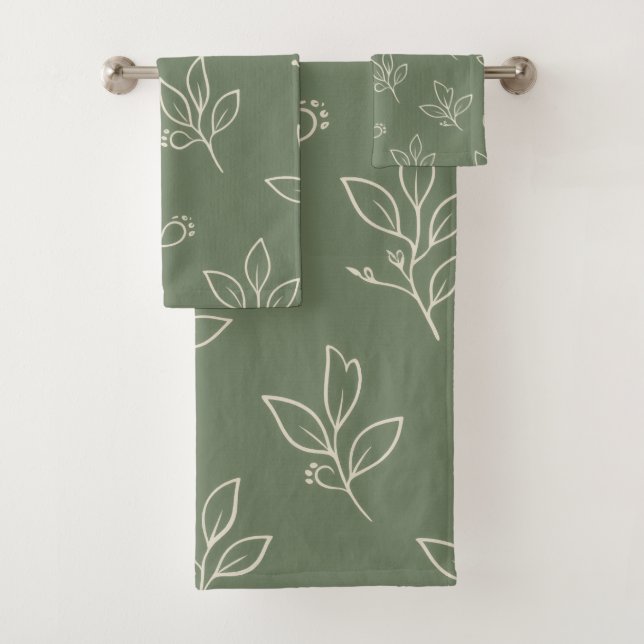 Conjunto De Toalhas Sage Green Leaf Bathroom Towel Set (Insitu)