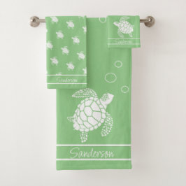 Conjunto De Toalhas Sage Green Monograma White Sea Turtle Náutica
