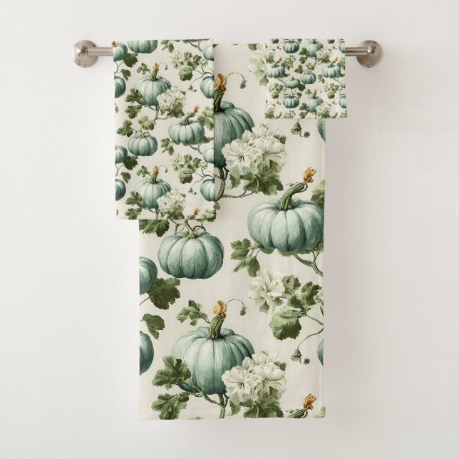 Conjunto De Toalhas Sage Green Pumpkins e Florais de outono (Insitu)