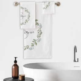 Conjunto De Toalhas Sage Greenery Botânica Wreath Monograma