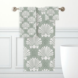 Conjunto De Toalhas Sage Verde e Concha Marinha Costeira Branco
