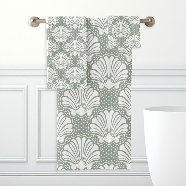 Conjunto De Toalhas Sage Verde e Conchas Brancas Costeiras  (Criador carregado)