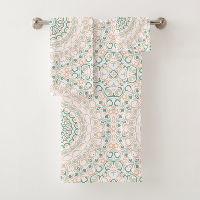 Conjunto De Toalhas Sage Verde e Padrão Mandala Pêssego (Insitu)